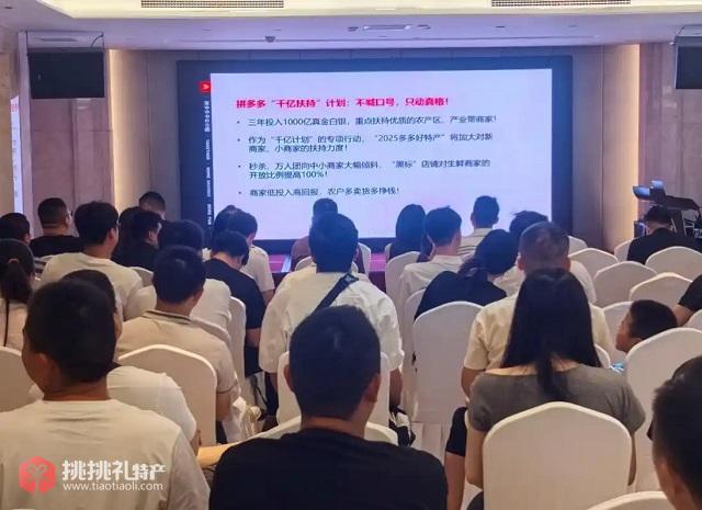 图为“多多好特产”专项小组成员向河南商家介绍“千亿扶持”计划（李真摄）