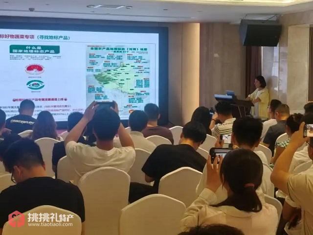 图为“多多好特产”专项小组成员正向商家讲解平台对地标农产品的扶持政策（李真摄）