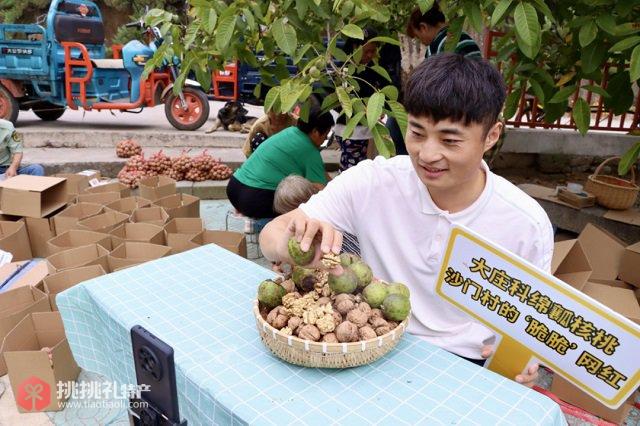 图为延庆村书记正在直播带货土特产核桃