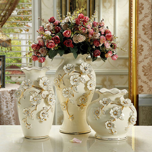 诺堡陶瓷欧式台面花瓶摆件象牙瓷镏金三件套