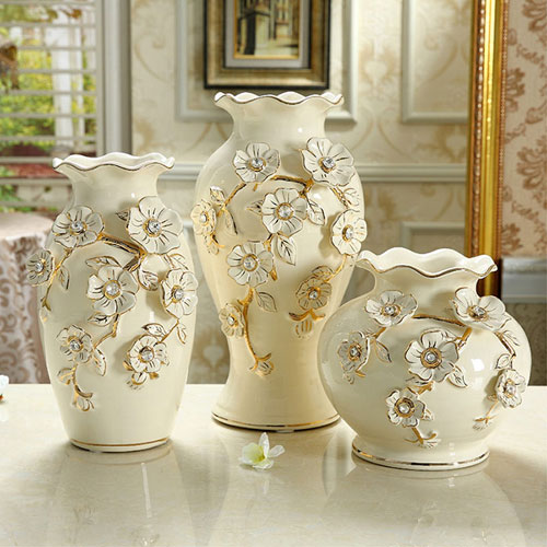 诺堡陶瓷欧式台面花瓶摆件象牙瓷镏金三件套