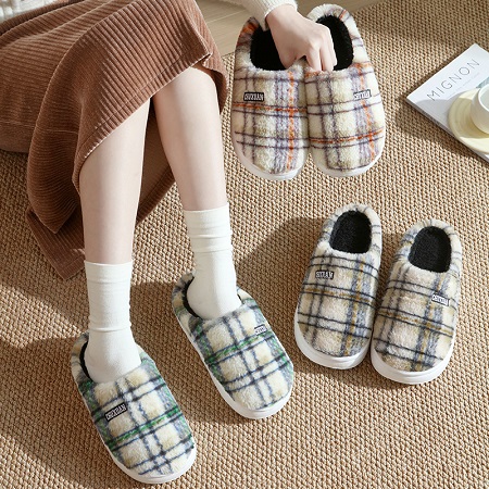 冬季毛绒棉拖鞋 复古格纹保暖情侣款