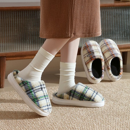 冬季毛绒棉拖鞋 复古格纹保暖情侣款