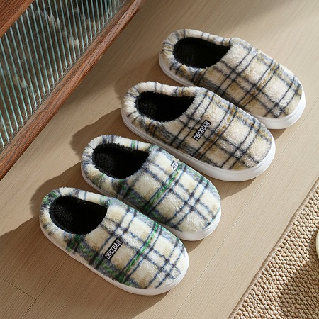 冬季毛绒棉拖鞋 复古格纹保暖情侣款